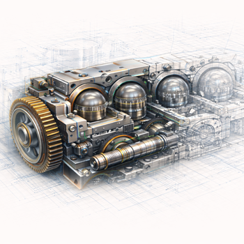 Precision mechanical system shown against technical construction lines