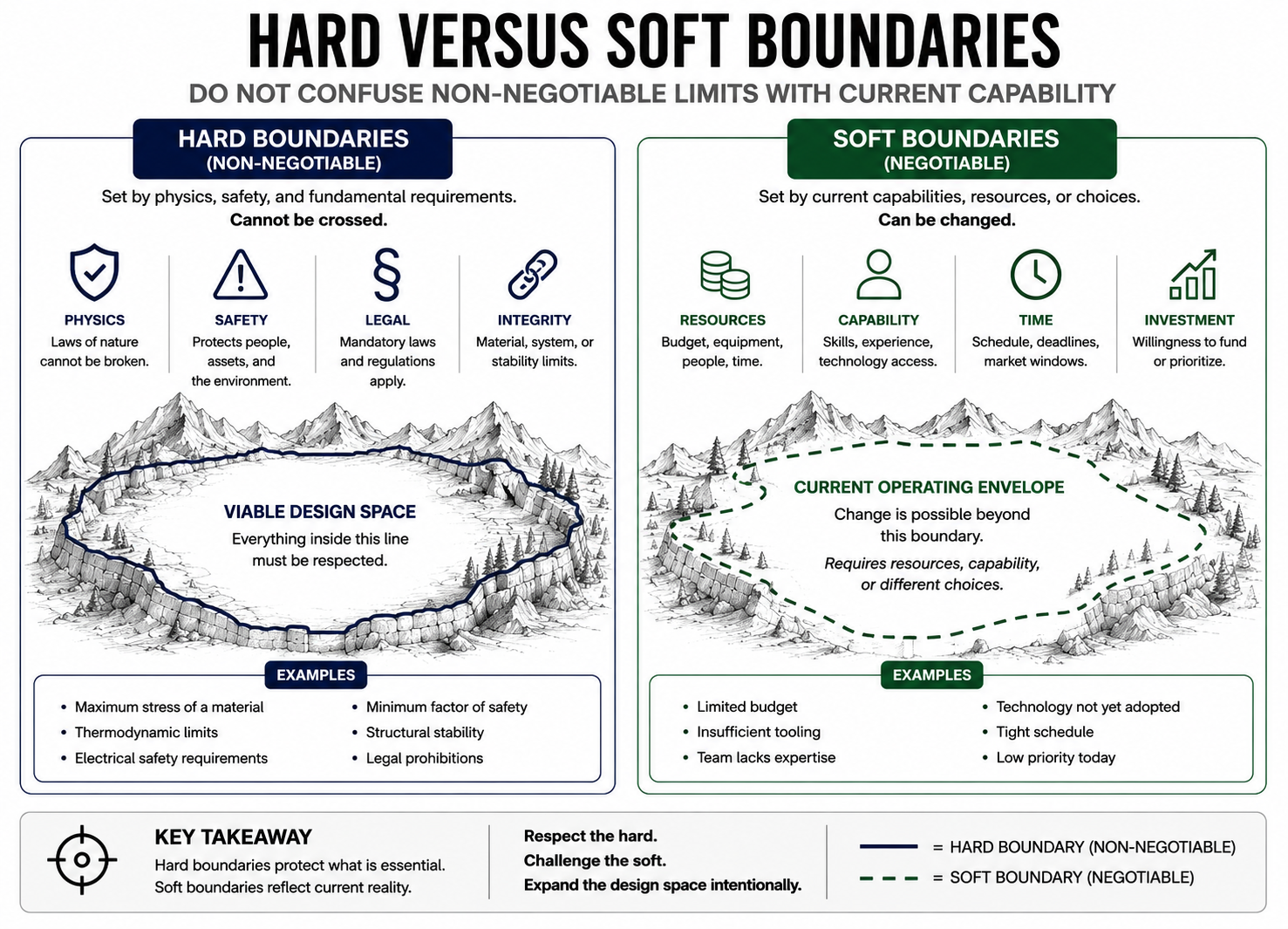 Figure 11-2. Hard Versus Soft Boundaries. Hard boundaries must be respected; soft boundaries reflect current capability and can be challenged or expanded. Physical, Regulatory, and Organizational Limits Some boundaries are non-negotiable. Physical limits arise from material properties, process physics, and fundamental constraints. No amount of creativity can bypass them. Regulatory limits arise from laws, standards, certifications, and safety requirements. Ignoring them may appear to accelerate progress but almost always creates larger problems later. Organizational limits arise from capability, governance, culture, and accountability structures. These limits are often underestimated because they feel abstract, but they shape what can realistically be executed. DECODE treats all three types of limits as equally real. A decision that ignores any one of them is fragile by design.